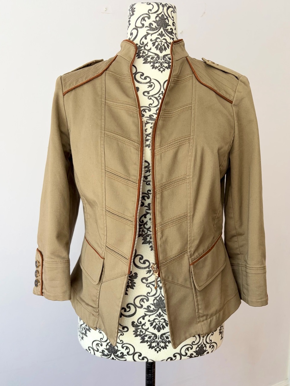 White House Black Market Khaki Military-Style Utility Jacket with Brown Trim 2